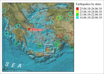 Earthquakes in Greece area during period of 06/16/2010–06/26/2010