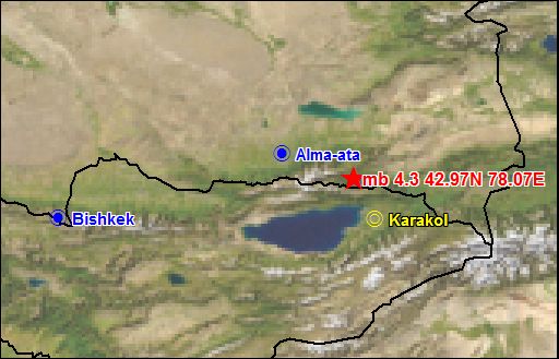 Положение эпицентра землетрясения в Киргизии 13.06.2010