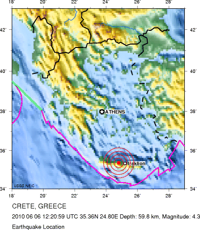 Положение эпицентра землетрясения на о. Крит