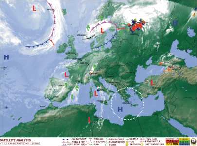 Антициклон в греческой зоне на карте приземного анализа Метеорологической службы Великобритании (UK Met Office) от 12.06.2010 09:00 UTC