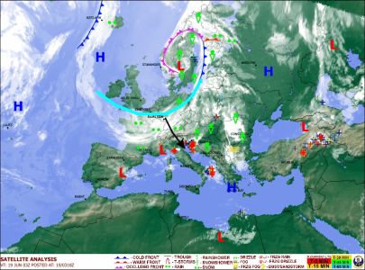 Приземный анализ и облачность по данным Метеорологического бюро Великобритании на 19.06.2010 03:00UTC (UK MetOffice)