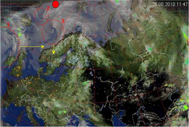 Рисунок 1  - ураганы в Северной Европе и Гренландском море 26.06.2010