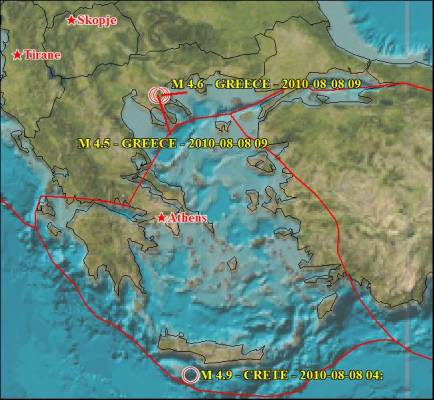 Положение эпицентров землетрясений в районе Греции 8 августа