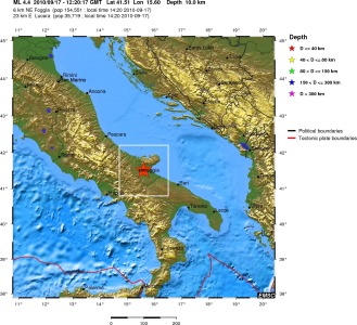 Положение эпицентра землетрясения в Италии