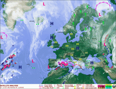 Приземный анализ и фронты по данным Метеорологического бюро Великобритании на 12.10.2010 09:00 UTC