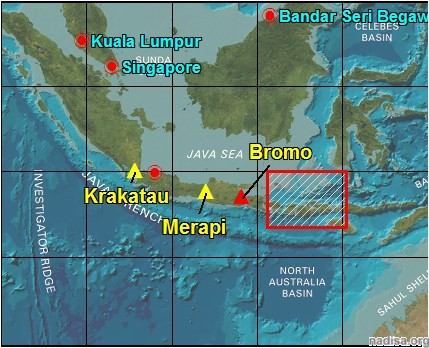Прогнозная зона и некоторые вулканы Индонезии