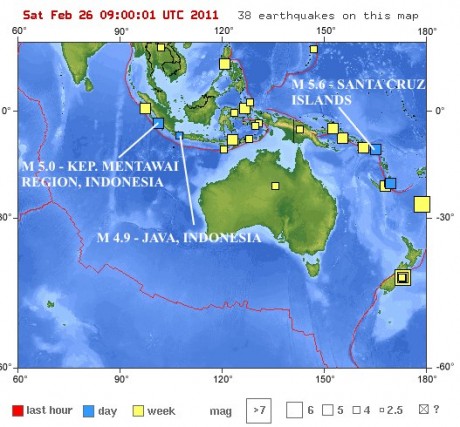 Положение эпицентров землетрясений в районе Индонезии (по данным USGS Geological Survey)