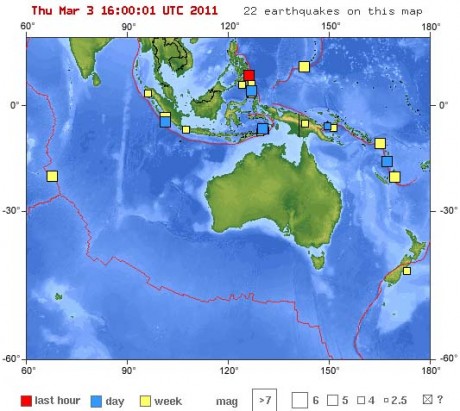 Сейсмическая обстановка в раойне Индонезии-Австралии на 3 марта (по данным USGS)