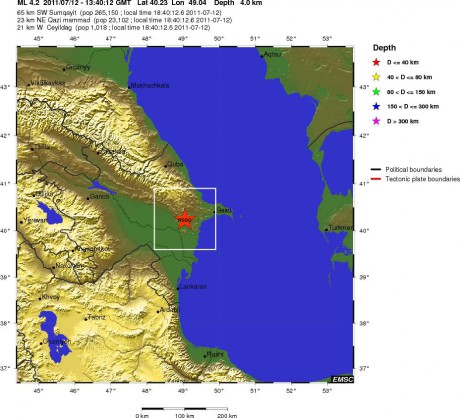 Положение эпицентра землетрясений в Азербайджане (по данным EMSC)