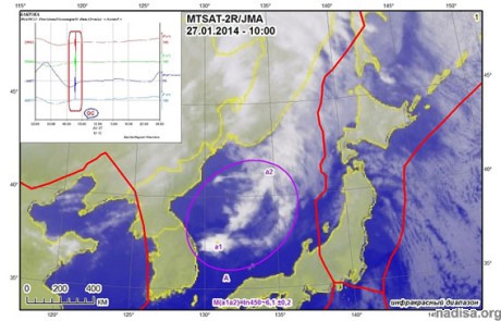 Рис. 1. Кольцевая облачная структура над Японским морем как признак проведения геофизических экспериментов