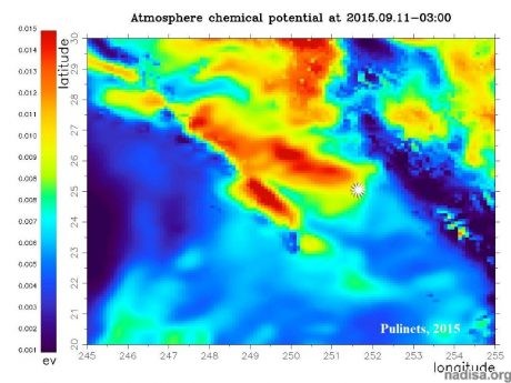 Рис.1.2.3. Карта распределения поправок атмосферного химического потенциала 11/09/2015 над Калифорнийским заливом [Пулинец, 2015]