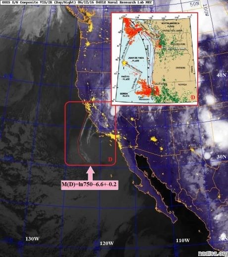 Рис. 2.2. ОС(D) L-типа над Северной Калифорнией на снимке со спутника GOES-15 12/06/2016-04:10 как признак мощного землетрясения М6.6 +