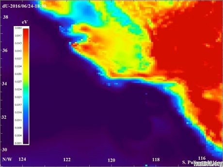 Рис. 2.5. Карта распределения поправок атмосферного химического потенциала dU 24/06/2016-18:00 над Южной Калифорнией 