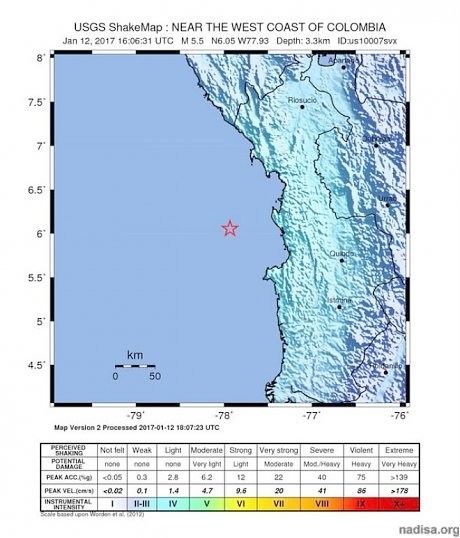 У берегов Колумбии произошло землетрясение магнитудой 5,5